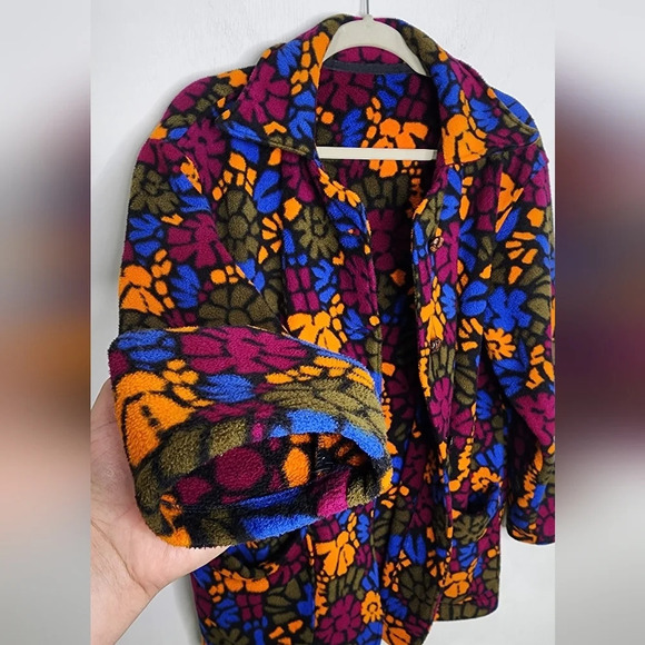 Fleece Floral Button Up Jacket Orange Purple Size XL - Picture 9 of 10